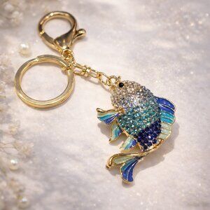 Blue Rhinestone Fish Bag Charm Keychain – Gold-Tone Purse Accessory Gift